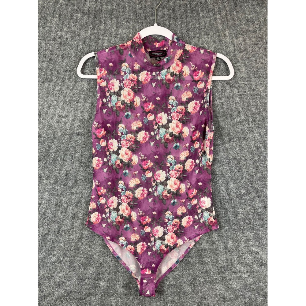 Cotton Candy Bodysuit Women's XL Purple Floral Mesh Mock Neck Top